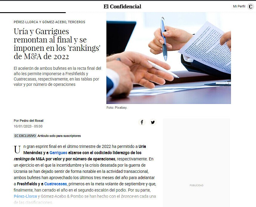 Ura y Garrigues remontan al final y se imponen en los 'rankings' de M&A de 2022